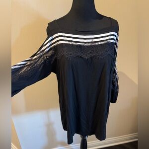 Black Cold Shoulder Top with Lace and Stripes